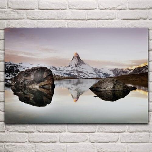 Alps matterhorn snow mountains lake Reflected nature scenery living room home wall art decor wood frame silk fabric poster KN409