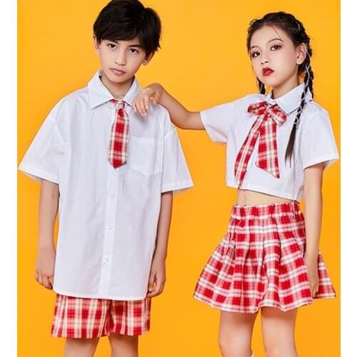 College Style White Shirts For Boys Girls Cheerleader Jazz Dance Plaid Skirt Kids Hip Hop Dance Clothes Stage Costume DNV15107