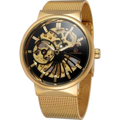 Forsining Fashion Luxury Skeleton Automatic Mechanical Men Watch Stainless Bracelet Mesh Strap Mens Watches Relogio Masculino