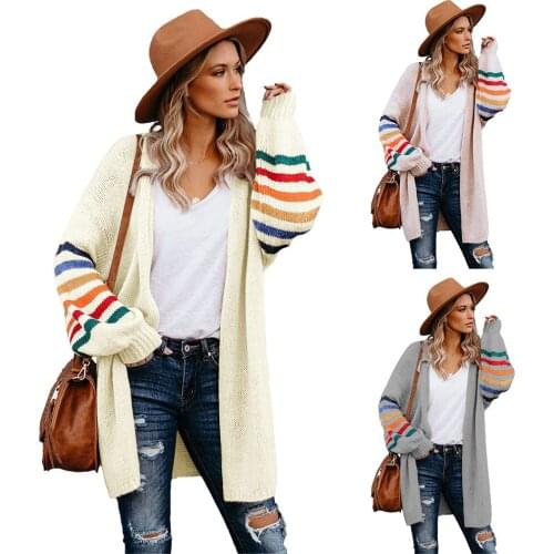 Women Vogue Jumper Open Front Sweaters Classical Baggy Color Block Knitted Tops Female Casual Long Sleeve Patchwork Cardigan