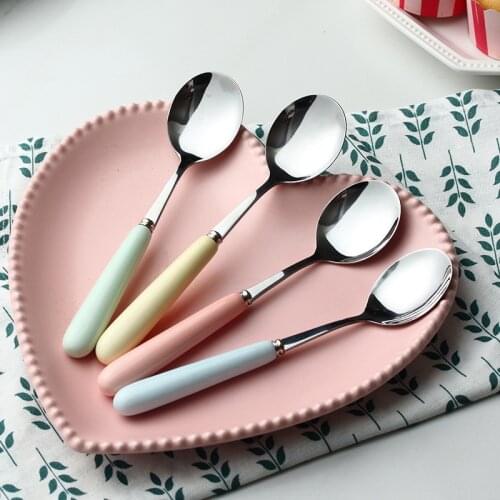 Candy color ceramic stainless steel spoon creative simple stainless steel solid color household environmental protection scoop