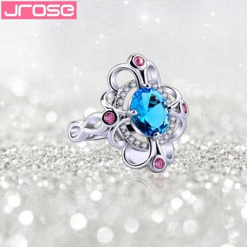 JROSE Wholesale Hot New Fashion Oval Cut Fire Mystic Rainbow White Blue Pink Purple Cubic Zirconia Silver Ring Size 6 -13 Lovers