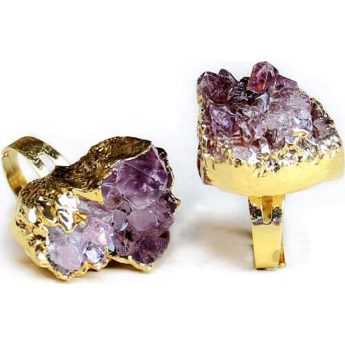 Druzy Natural Crystal Fashion Ring purple quartz Color Crystal Engagement Amethysts Jewelry Wedding Rings For Women
