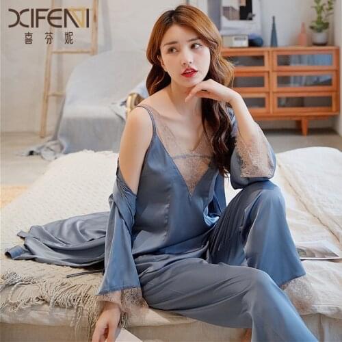 Sleepwear Female Spring Summer Autumn Ice Silk Long Sleeve Sleeprobe Sling Top Pants 3-Pieces Sexy Lace Pajama Sets X1931