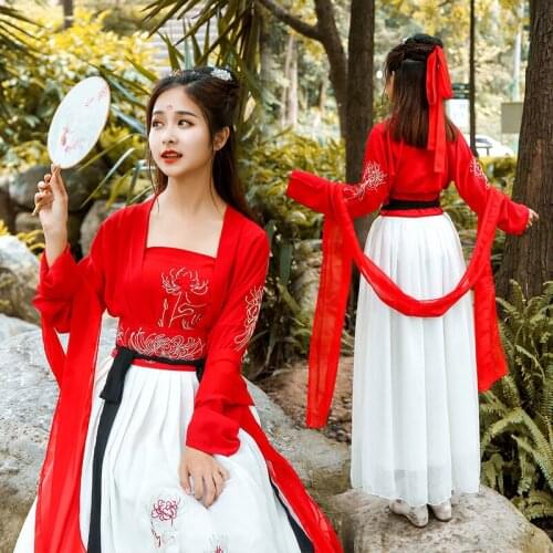Red Hanfu National Dance Costume For Women Chinese Folk Festival Outfit Oriental Stage Performance Clothes Fairy Dress DF1013