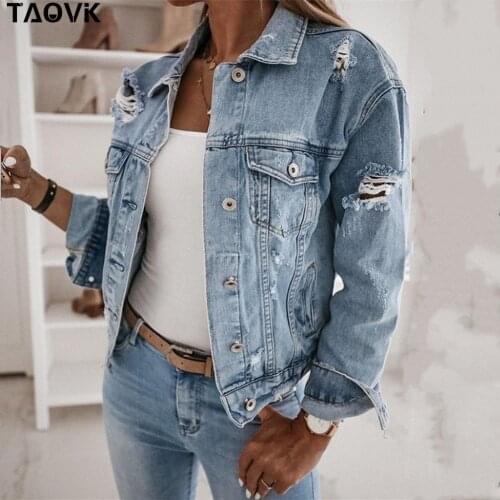 TAOVK Womens Casual Short Jean Jacket Sexy Denim Jackets Solid Casual Blue Cowboy Jackets Hole Loose Jean Coats