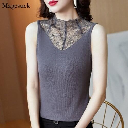 Summer Sleeveless Tank Tops Women Vest White Semi-high Collar Lace Slim Womens Top Fashion Bottoming Female Clothing 2021 15397