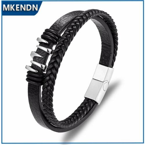 MKENDN New Multilayer Braid Genuine Leather Bracelet Titanium Stainless Steel paw Magnetic Buck Bracelet Men Homme Pulseras