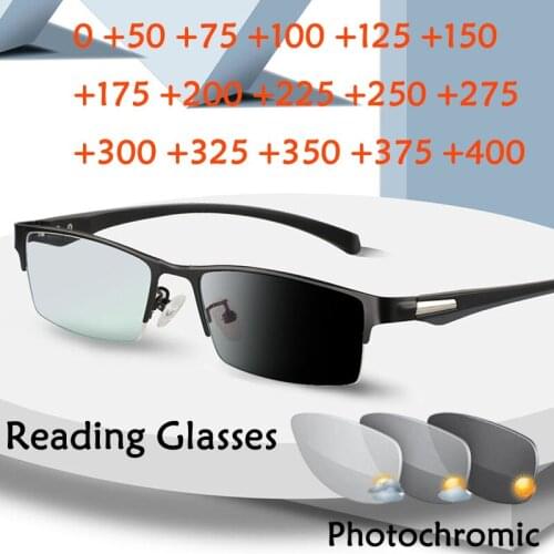 Fashion Outdoor Photochromic Reading Glasses Men Flexible Lightweight Optics Hyperopia Glasses Driving Metal Frame +1.75 2.25