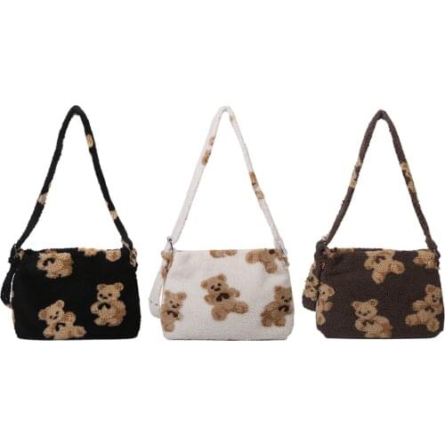 Autumn Large Capacity Satchel Plush Bear Printed Handbag Shoulder Messenger Bags Youth Ladies Simple Versatile Bag