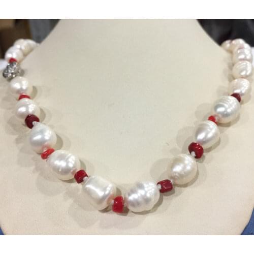 Hand knotted charming 10-11mm white freshwater cultured rice pearl red coral necklace fashion jewelry
