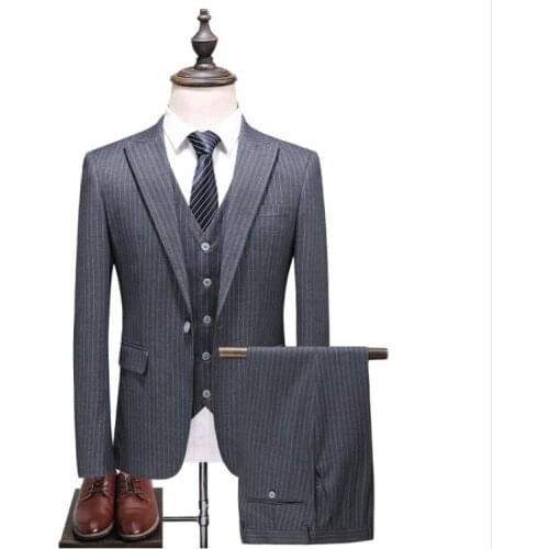 Jacket+Vest+Pants) 2018 Costume Homme 3 Pieces Stripe Grey Single button Men Suits Classic Suits Mens Business herren anzug