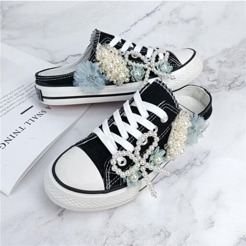 Half drag white shoes womens fashion shoes all-match sneakers round toe beaded lazy low cut