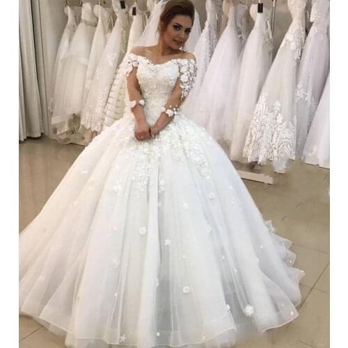 Princess 3D-Floral Ball Gown Lace Appliques 3/4 Sleeves Wedding Dresses Party Formal Bridal Gown Plus Size robe de mariee 2020