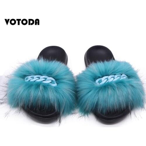 Summer Fashion Chain Fur Slippers Women Faux Fur Slides Fluffy Raccoon Fur Flip Flop Furry Fake Fox Hair Sandals Girl Flat Shoes