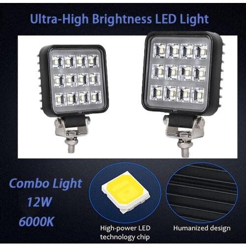 LED work light 12W Square Flood Spot light Offroad 6000K Super Bright White Light Waterproof Tractor Headlight for Car SUV Truck