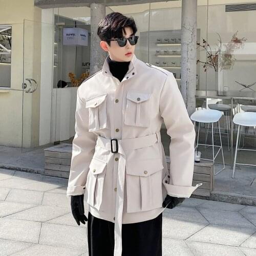 Fashion Mens Short Trench with Sashes Multi-Pockets Cargo Overcoat Black Beige Single Breasted Streetwear Windbreakers Coat
