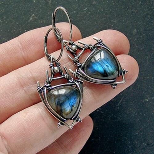 FYJS Unique Silver Plated Wire Wrap Geometric Shape Labradorite Stone Dangle Earrings Vintage Jewelry