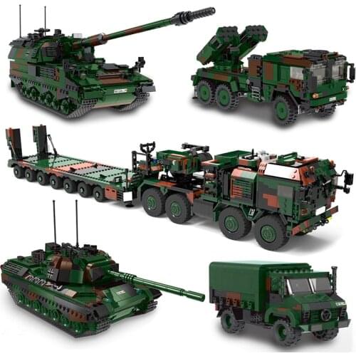 The New Military Technic Weapon Army German Leopard 1 PZH2000 Cannon Lars-2 Rocket Armored Car Building Blocks WW2 Bricks Toys