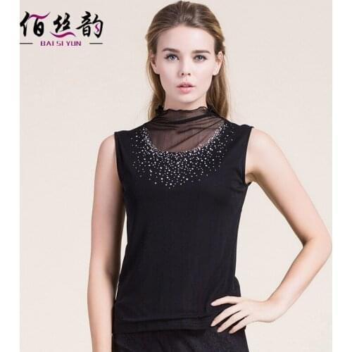 Ladies Silk Sleeveless Vest T-shirt Semi Turtleneck Silk Mesh Diamond 100% real Silk Lace Shirt
