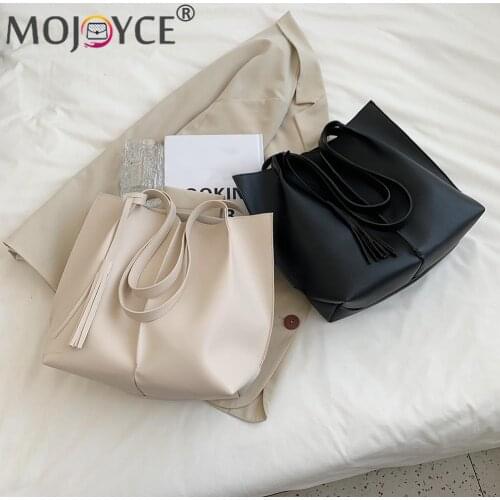 Female Casual Shoulder Bags Tassel And Pleated Design Tote Bag for Women Soft PU Leather Solid Color Shopping Bags
