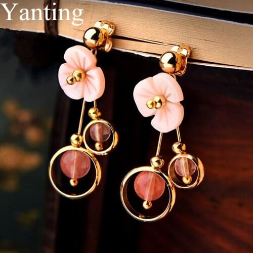 Yanting Fashion Trendy Stud Earrings For Women Sweet Watermelon Crystal Shell Flower Earrings Fashion Jewelry Gold Color 043