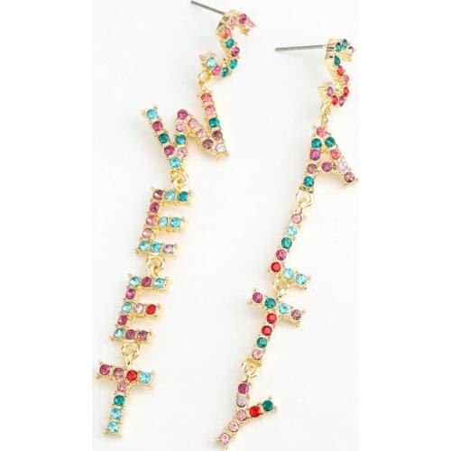 Find Me Color Rhinestone Letter Drop Earrings Women Creative Asymmetry Alloy Long Dangle Fashion Jewelry Accessories