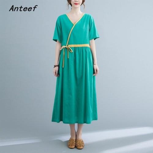 Short sleeve cotton linen vintage dresses for women casual loose long woman summer dress elegant clothes 2021