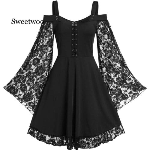 Women Ladies Gothic Steampunk Mini Dress Fashion Lace Flared Sleeve Short Dress V-neck Lace Up Plus Loose Dress Plus Size black