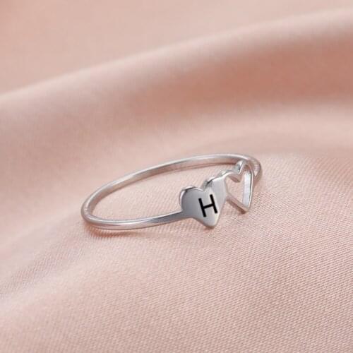 Skyrim Minimalist Double Hearts Initial Letter Rings Women Stainless Steel A-Z Alphabet Trendy Ring 2021 Fashion Jewelry Gift