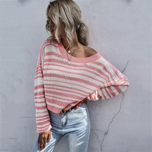 Women Long Sleeve Knitted Striped Sweater Round Neck Casual Loose Pullover Tunic