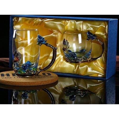 2PCS Blue Rose Carving,Enamel Color, Luo Poetry Tea Cup, Crystal Heat-resistant Creative Gifts for Wedding Party Birthday Gift