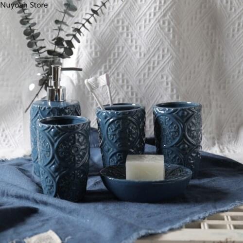 Bathroom Accessories Ceramic Bathroom Five-piece Lotion Bottle Toothbrush Mouthwash Cup Toothpaste Dispenser Bathroom Supplies