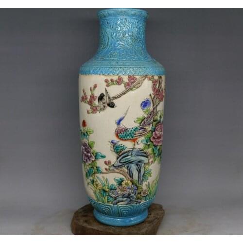 Antique QingDynasty porcelain vase,Pastel flower carved Guanyin bottle,hand painted crafts /collection & adornment,Free shipping