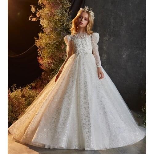 Ivory Ball Gown Flower Girl Dress Lace Glitter Tulle Princess Birthday Pageant Party Gown First Communion Dress