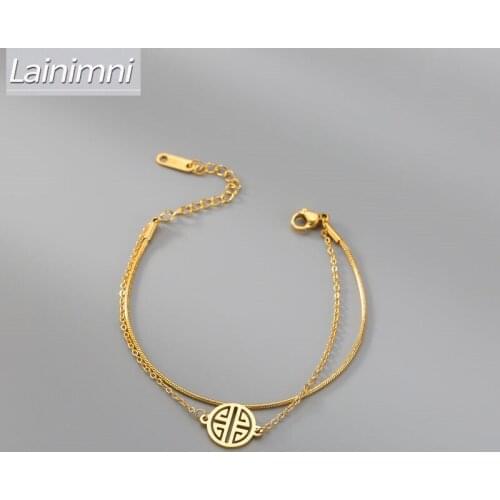 Easy Retro Stainless Steel Charm Bracelets for Women Gold Color Beaded Chain Double Layered Adjustable Bracelet Accessories