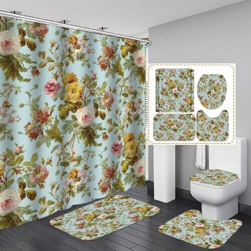 4pcs Digital Printing Sunflower Shower Curtain High Quality Adventure Bathroom Products With Hook Bathroom Waterproof Decoration