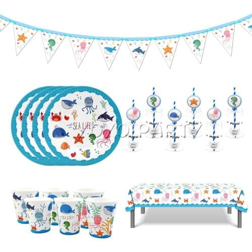 For Kid Birthday Sea Life Marine Animal Party Supplies Disposable Tableware Plate Dish Cup Glass Straw Tablecloth Banner