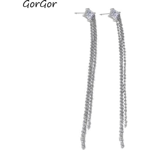 GorGor Drop Earrings Women 925 Sterling Pattern Square Long Style Mosaic Zirconia Classic Exquisite Wedding Jewelry E2201