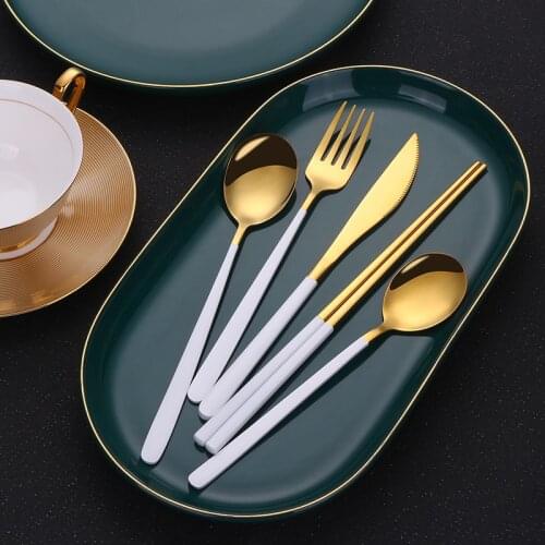 Lingeafey Cutlery Korean Stainless Steel Cutlery Forks Knives Spoons Chopsticks Tableware Gold Silverware Dinnerware Set 5 Pcs
