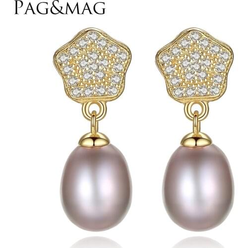 Metjakt S925 Sterling Silver Natural Freshwater Pearl Earrings, 18K Gold Plated Micro Inlaid Flower Earrings Natural Stone
