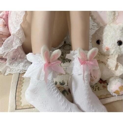 Cute Lolita Rabbit Ears Short Socks Spring Autumn Kawaii Girl White Cartoon Cotton Middle Stockings D218