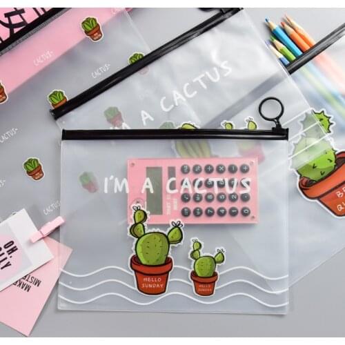 Cartoon Cactus A5 Documents File Bag Folder Transparent PVC Stationery Bag Folder For Documents