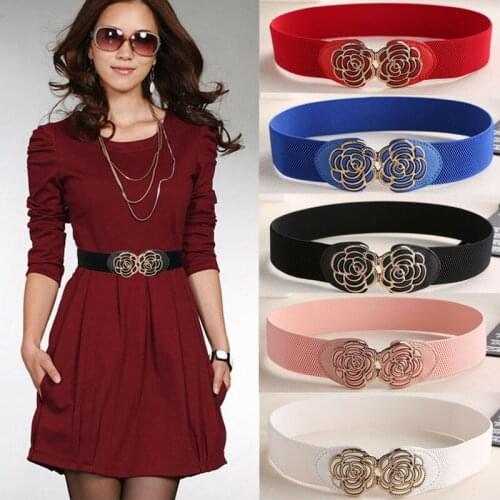 New Fashion Womens Waistband Vintage Metal Flower Elastic Stretch Buckle Wide Waist Belt