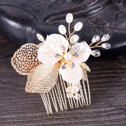 New Arrivals Gold Flower Leaf Crystal Pearls Hair Combs Noiva Bridal Bride Wedding Hair Decoration Jewelry Headpiece for Girl