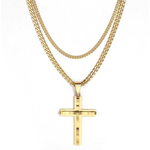 2Pcs Cross Pendant Necklace with Stainless Steel Curb Cuban Link Chain for Men Women Punk 2020 Fashion Jewelry