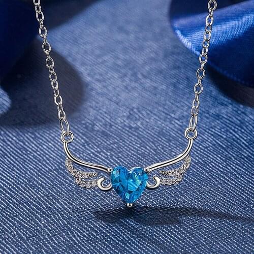 Heart Angel Wings Blue Crystal Topaz Gemstones Diamonds Pendant Necklaces for Women Girl White Gold Silver Color Choker Jewelry