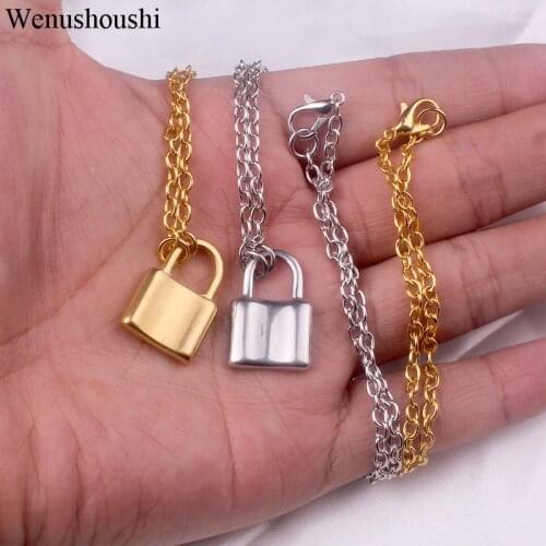 1.5*2.3cm lock necklace women zinc alloy chain stainless steel pendant fashion padlock necklaces men gifts gold color jewelry