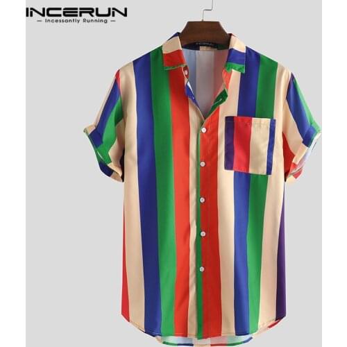 Summer Colorful Striped Men Shirt Lapel Streetwear Blouse Casual Loose Short Sleeve Fashion Hawaiian Beach Shirts INCERUN 2021