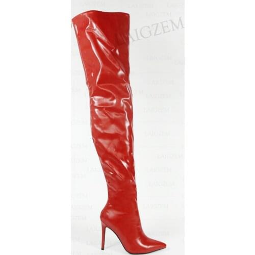 SEIIHEM SUPER Women Thigh High High Boots Full Zipper Thin High Heels Boots Over Knee Faux Leather Shoes Woman Big Size 41 43 47